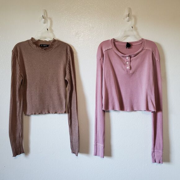 Long Sleeve Crop Top Womens XS/S Wild Fable Shein Pair 2 Pink Brown Waffle Knit - Picture 14 of 15